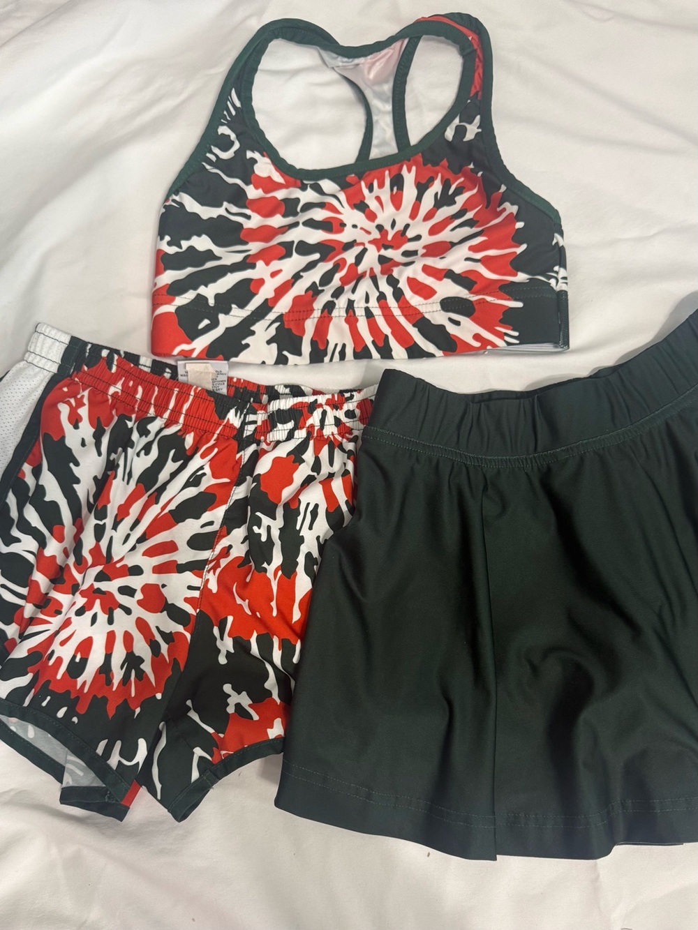 Varsity Orange & Green White Tie-Dye Sports Bra, Shorts Set, skirt